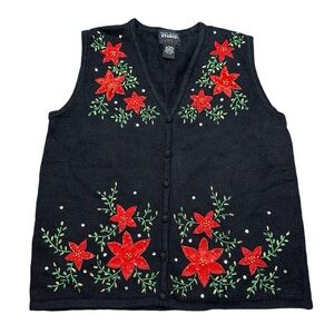 NWT Designers Original Black Beaded Embroidered Poinsettia Christmas Vest, Small